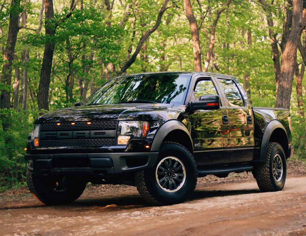 ford pick up truck parked on forest road