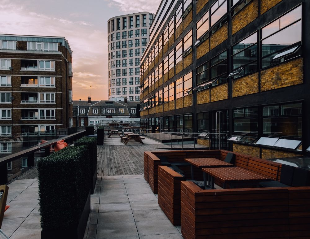City scape with blocks of flats and houses