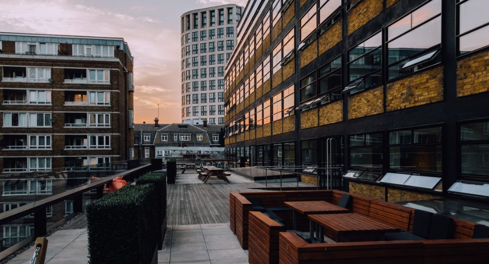 City scape with blocks of flats and houses