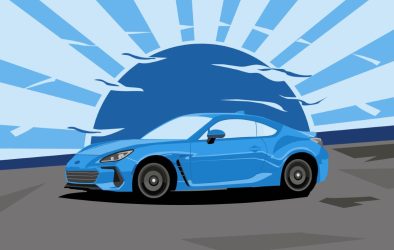 Illustration of car in front of Japanese flag symbol