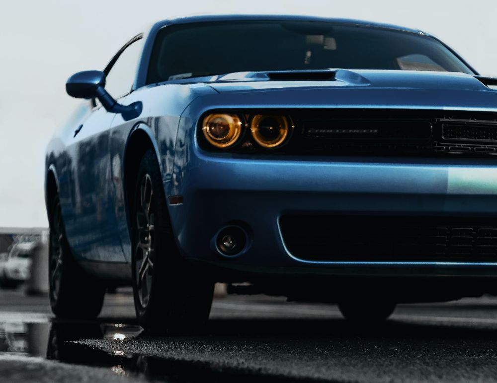 Close up of the front of a Dodge Challenger