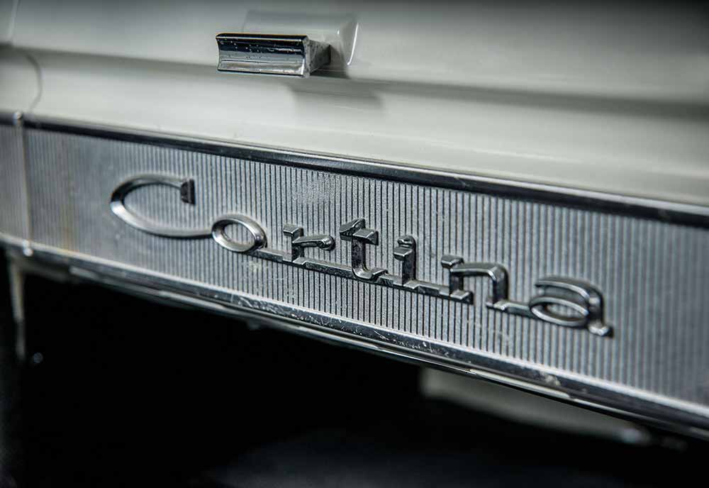 Close-up shot of Ford Cortina logo