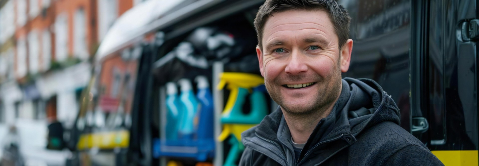 Man standing in front of open van with cleaning product inside