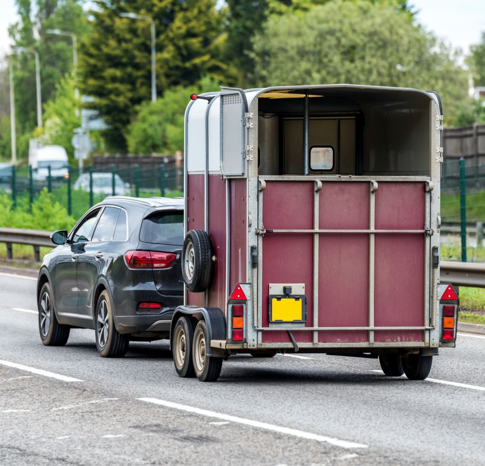 Horse trailer being towed by car