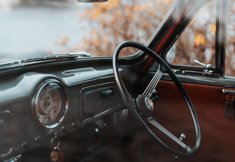 Morris Minor close-up of dashboard interior with wheel