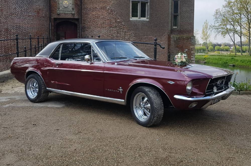 Burgundy Mustang with flowers on hood parked outside house