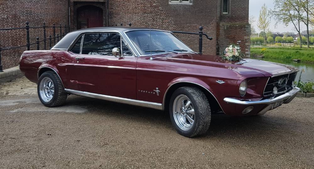 Burgundy Mustang with flowers on hood parked outside house