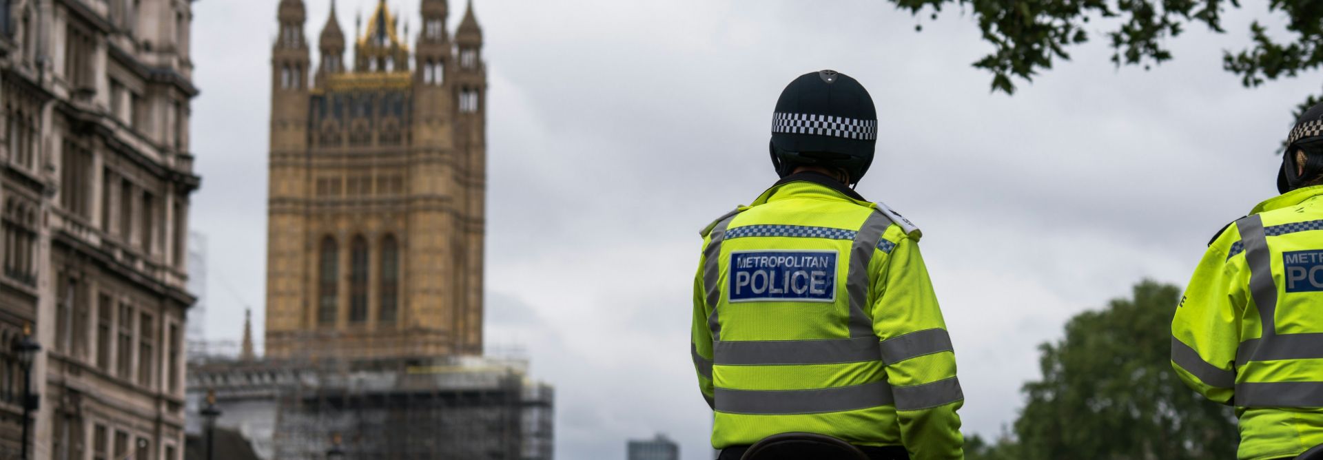 Police officer on a horse with his back to the camera