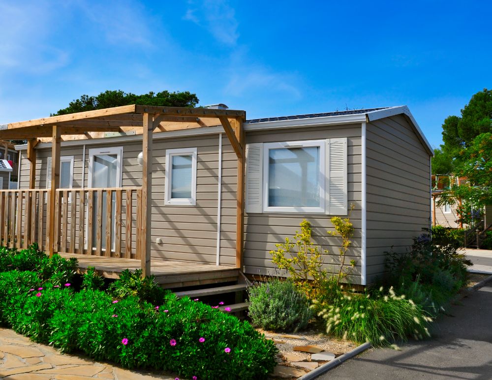 Static caravan with wooden decking