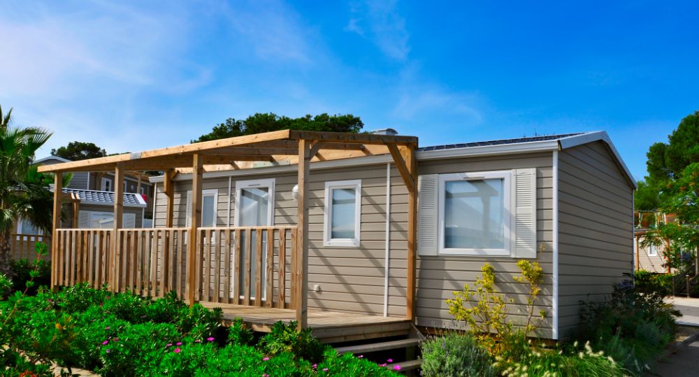 Static caravan with wooden decking