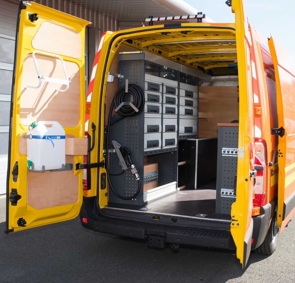 Back doors of van open with equipment on show