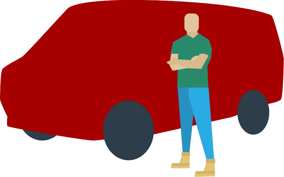 Illustration of person standing in front of a red van