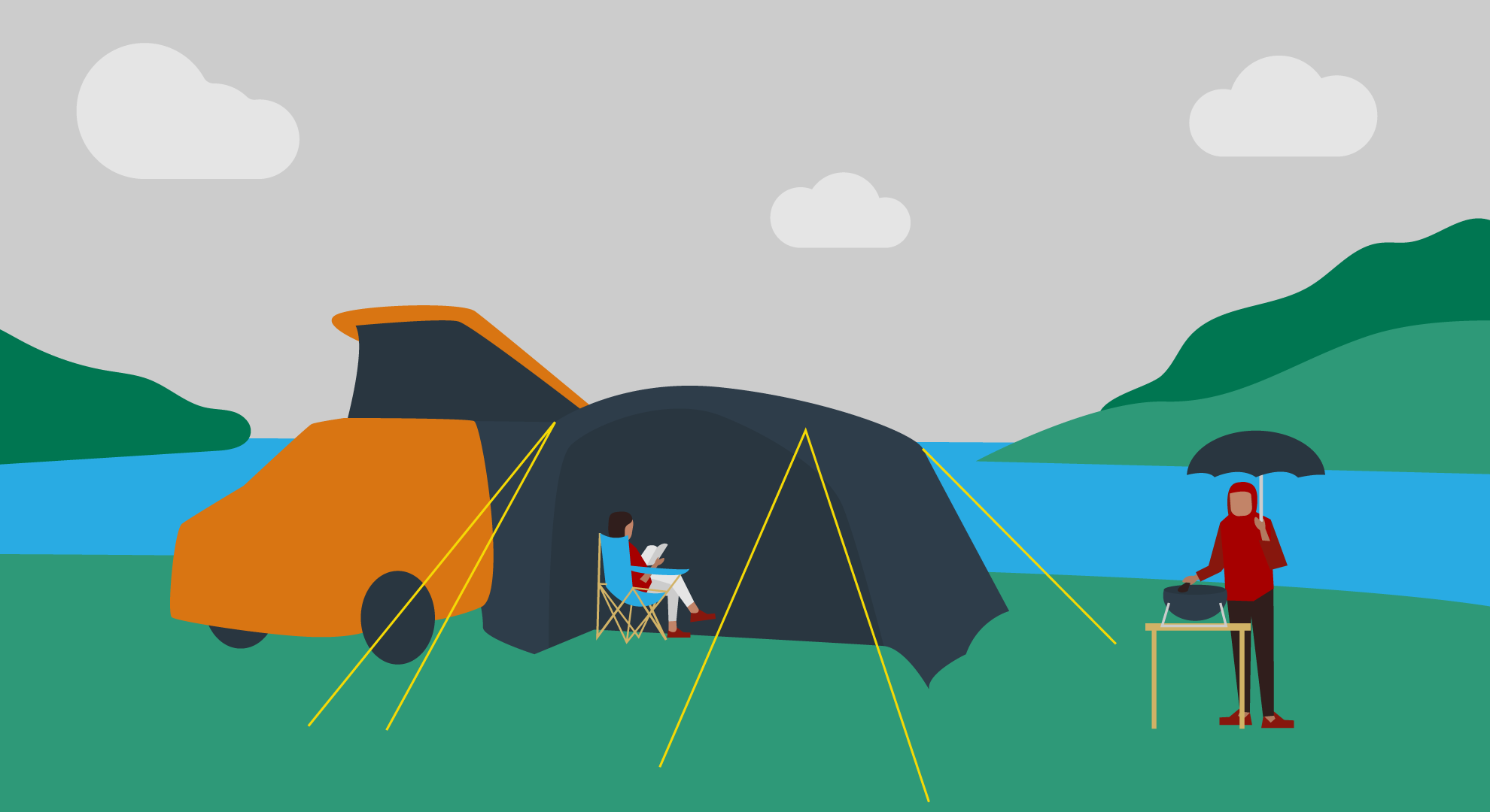 Illustration showing people on a campervan holiday staying entertained even in the rain