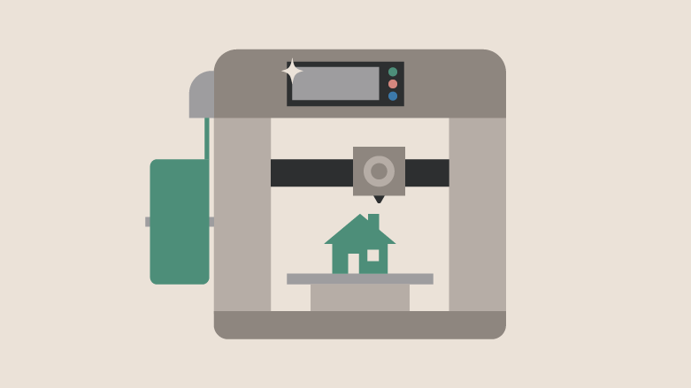 Illustration of 3D printer printing a 3D home